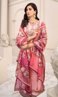 Front: Embroidered Lawn Back: Printed Lawn Sleeves: Printed Lawn Pants: Dyed Cambric Dupatta: Embroidered Zari Organza Embroideries: 1) Neckline 2) Border for Front 3) Patti for Sleeve