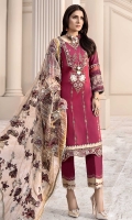 Front: Embroidered Lawn Back: Printed Lawn Sleeves: Printed Lawn Pants: Dyed Cambric Dupatta: Embroidered Zari Organza Embroideries: 1) Neckline 2) Border for Front 3) Patti for Sleeves