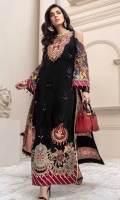 Front:Embroidered Schifli Jacquard Lawn Back: Digital Printed Lawn Sleeves: Digital Printed Lawn Pants: Dyed Cambric Dupatta: Digital Printed Pure Chiffon Embroideries: 1) Neckline 2) Ghera Border for Front 3) Patches for Front (2)