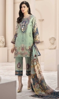 Front:Embroidered Schifli Jacquard Lawn Back: Digital Printed Lawn Sleeves: Digital Printed Lawn Pants: Dyed Cambric Dupatta: Digital Printed Pure Chiffon Embroideries: 1) Neckline 2) Ghera Border for Front 3) Patches for Front (2).