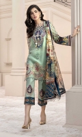 Front:Embroidered Schifli Jacquard Lawn Back: Digital Printed Lawn Sleeves: Digital Printed Lawn Pants: Dyed Cambric Dupatta: Digital Printed Pure Chiffon Embroideries: 1) Neckline 2) Ghera Border for Front 3) Patches for Front (2).