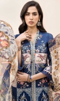 Front: Embroidered Jacquard Back: Dyed Jacquard Sleeves: Embroidered Jacquard Pants: Dyed Cambric Dupatta: Printed Pure Chiffon Embroideries: 1) Front Patti 2) Front Patches (4) 3)Ghera Border 4) Motif Patch For Front (2) 5) Sleeve Motifs (2) 6) Side Panels For Front