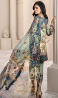 Front:Embroidered Schifli Jacquard Lawn Back: Digital Printed Lawn Sleeves: Digital Printed Lawn Pants: Dyed Cambric Dupatta: Digital Printed Pure Chiffon Embroideries: 1) Neckline 2) Ghera Border for Front 3) Patches for Front (2).