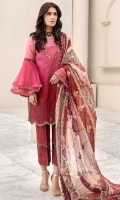 Front: Embroidered Schiffli Lawn Back: Printed Lawn Sleeves: Printed Lawn Pants: Dyed Lawn Dupatta: Printed Pure Chiffon Embroideries: 1) Schiffli Border