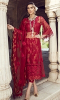 Front: Embroidered net  Back: Embroidered net  Sleeves: Embroidered net  Pants: Dyed jamawar jacquard  Dupatta: Embroidered net  Embroideries: 1) Neckline                           2)Embroidered border for front                            3)Sequins border for front