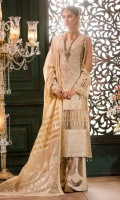 Front: Embroidered organza  Back: Embroidered organza  Sleeves: Embroidered organza  Pants: Dyed raw silk  Dupatta: Embroidered net  Embroideries: 1) Handmade neckline on shirt                           2) Border Patti for pants