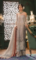 Front: Embroidered net  Back: Embroidered net  Sleeves: Embroidered net  Pants: Dyed raw silk  Dupatta: Embroidered net  Embroideries: 1) Neckline                           2) Silk border for front                           3) Silk border for back                           4) Silk Patti for dupatta