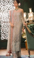 Front: Embroidered net  Back: Embroidered net  Sleeves: Embroidered net  Pants: Dyed raw silk  Dupatta: Embroidered net  Embroideries: 1) Neckline                           2) Silk border for front                           3) Silk border for back                           4) Silk Patti for dupatta