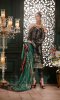 Front: Jamawar jacquard  Back: Jamawar jacquard  Sleeves: Jacquard  Pants: Dyed raw silk  Dupatta: Embroidered net  Embroideries:  1) Handmade neckline                            2) Jacquard borders for dupatta                            3) Sequin border for the front                            4) Sleeves Patti