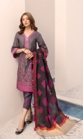Front: Dyed Embroidered Khaddar Back: Dyed Khaddar Sleeves: Dyed Khaddar Pants: Dyed Khaddar Dupatta: Woven Jacquard Embroideries:1) Ghera Border 2) Sleeve Border 3) Neckline 4) Sleeves Motif 5) Extra Side Panels (Front)