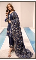 Front: Dyed Embroidered jacquard Linen Back: Dyed Jacquard Linen Sleeves: Dyed Jacquard Linen Pants: Dyed Linen Dupatta: Embroidered Linen Shawl Embroideries:1) Ghera Border 2) Sleeve border 3) Neckline 4) Pant Border 5) Extra Side Panels (Front)