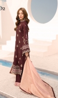 Front: Dyed Embroidered jacquard Linen Back: Dyed Jacquard Linen Sleeves: Dyed Embroidered jacquard Linen Pants: Dyed Linen Dupatta: Dyed Gold Jacquard Embroideries:1) Ghera Border 2) Sleeve border 3) Neckline Patti