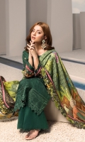 Front: Dyed Embroidered Aplique Khaddar Back: Digital Printed Khaddar Sleeves: Digital Printed Khaddar Pants: Dyed Khaddar Dupatta: Digital Printed Shawl Embroideries: 1) Ghera border