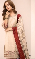 Front: Dyed Zari karandi Back: Dyed Karandi Sleeves: Dyed Zari karandi Pants: Dyed Linen Dupatta: Pure Embroidered Woolen Shawl Embroideries: 1) Ghera Border 2) Sleeve Border 3) Neckline Patti