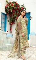 1.35 meter printed front with embroidery 1.35 meter printed back 0.85 meter printed bazu 2.5 meter printed shaffon duppatta 2.5 meter cotton trousers