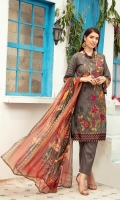 1.35 meter printed front with embroidery 1.35 meter printed back 0.85 meter printed bazu 2.5 meter printed shaffon duppatta 2.5 meter cotton trousers