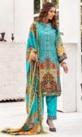 Front: 1.25 Meter Printed with Embroidery Back: 1.25 Meter Print Dupatta: 2.5 Meter Modal Printed Sleeves: 0.5 Meter Print Trousers: 2.5 Meter Plain 