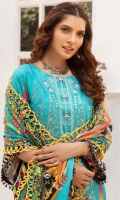 Front: 1.25 Meter Printed with Embroidery Back: 1.25 Meter Print Dupatta: 2.5 Meter Modal Printed Sleeves: 0.5 Meter Print Trousers: 2.5 Meter Plain 