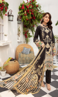 1.25meter front printed with embroidery 1.25 meter back printed 0.5 meter sleeves printed 2.5 meter chiffon dupatta printed 2.5 meter cotton trousers 