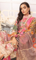 1.25meter front printed with embroidery 1.25 meter back printed 0.5 meter sleeves printed 2.5 meter chiffon dupatta printed 2.5 meter cotton trousers 