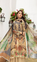 1.25meter front printed with embroidery 1.25 meter back printed 0.5 meter sleeves printed 2.5 meter chiffon dupatta printed 2.5 meter cotton trousers 