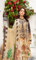 1.25meter front printed with embroidery 1.25 meter back printed 0.5 meter sleeves printed 2.5 meter chiffon dupatta printed 2.5 meter cotton trousers 