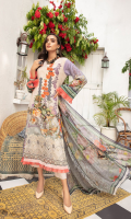1.25meter front printed with embroidery 1.25 meter back printed 0.5 meter sleeves printed 2.5 meter chiffon dupatta printed 2.5 meter cotton trousers 
