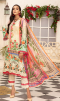 1.25meter front printed with embroidery 1.25 meter back printed 0.5 meter sleeves printed 2.5 meter chiffon dupatta printed 2.5 meter cotton trousers 