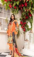 1.25meter front printed with embroidery 1.25 meter back printed 0.5 meter sleeves printed 2.5 meter chiffon dupatta printed 2.5 meter cotton trousers 