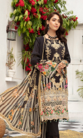 1.25meter front printed with embroidery 1.25 meter back printed 0.5 meter sleeves printed 2.5 meter chiffon dupatta printed 2.5 meter cotton trousers 