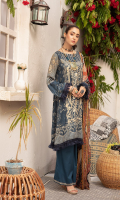 1.25meter front printed with embroidery 1.25 meter back printed 0.5 meter sleeves printed 2.5 meter chiffon dupatta printed 2.5 meter cotton trousers 