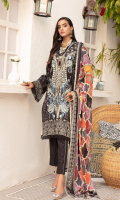 1.25meter front printed with embroidery 1.25 meter back printed 0.5 meter sleeves printed 2.5 meter chiffon dupatta printed 2.5 meter cotton trousers 