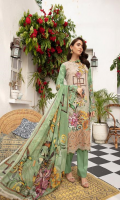 1.25meter front printed with embroidery 1.25 meter back printed 0.5 meter sleeves printed 2.5 meter chiffon dupatta printed 2.5 meter cotton trousers 