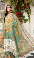 1.25meter front printed with embroidery 1.25 meter back printed 0.5 meter sleeves printed 2.5 meter chiffon dupatta printed 2.5 meter cotton trousers 