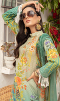 1.25meter front printed with embroidery 1.25 meter back printed 0.5 meter sleeves printed 2.5 meter chiffon dupatta printed 2.5 meter cotton trousers 