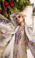 1.25meter front printed with embroidery 1.25 meter back printed 0.5 meter sleeves printed 2.5 meter chiffon dupatta printed 2.5 meter cotton trousers 