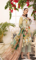 1.25meter front printed with embroidery 1.25 meter back printed 0.5 meter sleeves printed 2.5 meter chiffon dupatta printed 2.5 meter cotton trousers 