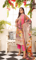 1.25meter front printed with embroidery 1.25 meter back printed 0.5 meter sleeves printed 2.5 meter chiffon dupatta printed 2.5 meter cotton trousers 