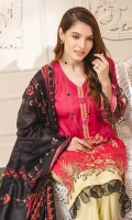 1.25-Meter Front Printed and Embroidered 1.25-Meter Printed Back 0.5-Meter Printed Sleeves 2.5-Meter Lawn Printed Dupatta 2.5-Meter Cotton Trousers