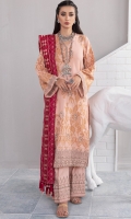 • Embroidered Jacquard Leather peach shirt • Embroidered Pashmina Shawl • Dyed leather peach trouser with embroidered motif