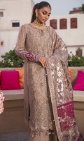 EMBROIDERED CHIFFON FRONT PANELS WITH HAND EMBELLISHMENT EMBROIDERED CHIFFON BACK EMBROIDERED CHIFFON SLEEVES EMBROIDERED ORGANZA BORDER PATCH FRONT + BACK EMBROIDERED RAW SILK SLEEVES PATCH EMBROIDERED ORGANZA PANEL PATTI EMBROIDERED & FOIL PRINTED ORGANZA DUPATTA EMBROIDERED RAW SILK TROUSER RAW SILK DYED INNER