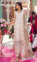 EMBROIDERED CHIFFON FRONT PANEL EMBROIDERED CHIFFON FRONT KALI WITH HAND EMBELLISHMENT EMBROIDERED CHIFFON SLEEVES EMBROIDERED CHIFFON BACK EMBROIDERED RAW SILK NECK PATTI WITH HAND EMBELLISHMENT EMBROIDERED SLEEVE BORDERS & RAW SILK PATCH WITH HAND EMBELLISHMENT EMBROIDERED ORGANZA FRONT BORDER WITH HAND EMBELLISHMENT EMBROIDERED ORGANZA SCALLOP PATTI EMBROIDERED FRONT DAMAN BORDER ORGANZA EMBROIDERED & PRINTED DUPATTA EMBROIDERED ORGANZA DUPATTA PALLU RAW SILK DYED TROUSER RAW SILK DYED INNER