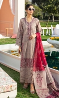 Embroidered Schiffli Lawn Front Embroidered Schiffli Sleeves Embroidered Neckline Motif Embroidered Front Patch Back & Sleeves Plain Lawn Embroidered Chiffon Dupatta Embroidered Organza Dupatta Border 1 Embroidered Organza Dupatta Border 2 Embroidered Organza Dupatta Border 3 Dyed Cotton Trouser