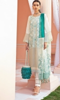 Embroidered Lawn Front Embroidered Lawn Sleeves Back Plain Lawn Embroidered Front Border Embroidered Sleeves Patti Front & Back Schiffli Lace Embroidered Chiffon Dupatta Embroidered Organza Dupatta L + R Panel Embroidered Organza Dupatta Large Patti Embroidered Organza Dupatta Small Patti Dyed Cotton Trouser