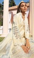 Embroidered Schiffli Lawn Front Embroidered Front Border Back & Sleeves Lawn Embroidered Lawn Sleeves Patti Organza Sleeves Patch Chiffon Dupatta Foiled Organza Dupatta Border Dyed Cotton Trouser Embroidered Trouser Patch