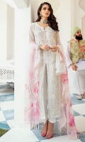 Embroidered Chiffon Front With Hand-Embellishment Embroidered Chiffon Back With Hand-Embellishment Embroidered Chiffon Sleeves Embroidered Chiffon Sleeves Motif With Hand-Embellishment Printed Organza Dupatta With Embroidery Dyed Inner Shirt Lining Trouser Raw Silk 4 Piece Suit
