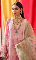 Embroidered lawn front with hand-work embellishment  Schiffli lace front  Embroidered organza front border  Back & sleeves plain  Embroidered organza sleeves border  Schiffli lace  Embroidered dori work organza dupatta  Embroidered organza border dupatta  Digital printed cotton trouser