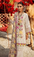 Embroidered schiffli lawn front with hand-work embellishment  Embroidered organza front border  Schiffli lace border  Embroidered schiffli lawn sleeves  Back plain lawn  Embroidered chiffon dupatta  Embroidered schiffli patch trouser  Dyed cotton trouser