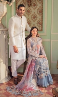 SHIRT  Embroidered & Hand-Work Embellished Chiffon Front Left & Right Printed Embroidered Neck Patch Embroidered Front& Back Border Embroidered Sequined Front & Back Border Printed & Embroidered Front& Back Border Embroidered Front Panel Patti Embroidered Back Hand-Work Embellished & Embroidered Sleeves Embroidered Sleeves Patch Embroidered Sleeves Border Dyed Raw Silk Lining    DUPATTA  Embroidered & Printed Organza Dupatta Embroidered 2 Side Border    TROUSER  Screen Printed Raw Silk Trouser