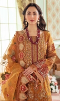 SHIRT  Embroidered & Hand-Work Embellished Chiffon Front Embroidered Front Kali Hand-Work Embellished Neck Patti Embroidered Front Patches Embroidered Panel Patti Embroidered Chiffon Back Embroidered Front & Back Borders Embroidered Sleeves Embroidered Sleeve Patches Embroidered Sleeves Patti Hand-Work Embellished & Embroidered Sleeves Patch Raw Silk Dyed Inner  DUPATTA  Embroidered Lazer Organza Dupatta Embroidered 4 Side Border Embroidered Pallu Patch  TROUSER  Plain Dyed Raw Silk Trouser